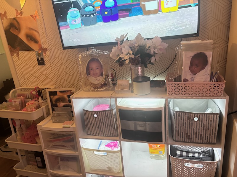 Studio workstation with lash trays and supplies